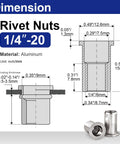 Diagram and sample of 1/4-20 Aluminum Rivet Nuts Set With Threaded Inserts Rivnuts UNC Nutserts, dimensions indicated.
