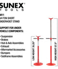 Short Underhoist Support Stand 1500 Lb Capacity Adjustable Height Range For Engine Swap And Suspension Work Fits Two Post Lifts Garage Wrenching Essential For Car Enthusiasts And Pro Mechanics with low and high height measurements.