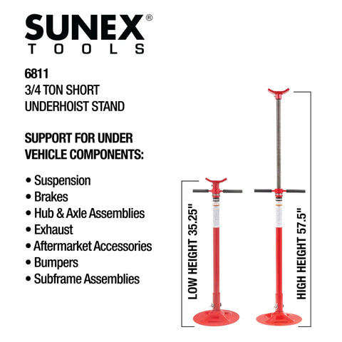 Short Underhoist Support Stand 1500 Lb Capacity Adjustable Height Range For Engine Swap And Suspension Work Fits Two Post Lifts Garage Wrenching Essential For Car Enthusiasts And Pro Mechanics with low and high height measurements.