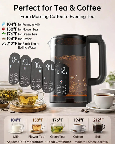 Cordless Electric Kettle With Temperature Control, 1.7L Stainless Steel Hot Water Kettle With 5 One-Touch Presets, Black