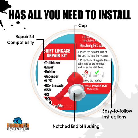 Diagram of TB1Kit Automatic Transmission Shift Cable Bushing Repair Kit installation showing notched bushing end and easy instructions.