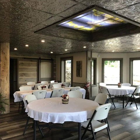 Interior with 2 Foot By 2 Foot Tin Plated Steel Wall And Ceiling Panels Drop In Unfinished 12 Pack Ready For Paint Recycled USA Made In Silver Brushed Finish Lays In Standard Fifteen Sixteenth Inch Grid And Cuts With Tin Snips ceiling.
