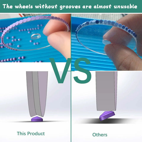 Comparison of grooved vs. non-grooved diamond painting wheels, highlighting precision in Grooved Diamond Painting Wheel Tool For Pro Grade Gem Art Pen Kit, Makes Crafting Jewel Projects Faster And Neater, Works With Square And Round Drills, Diamond Art Supplies Set Gold Finish, Easy Grip.