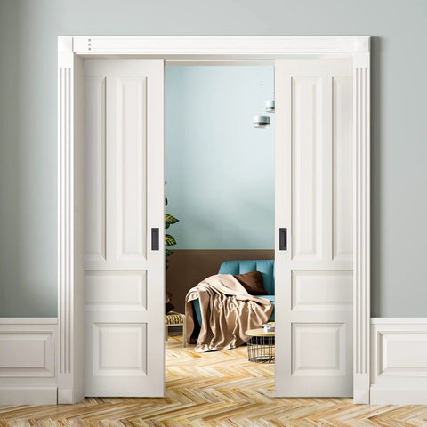 White sliding doors with 4 Pack Black Sliding Closet Door Pulls Flush Recessed Finger Pulls 4.72 Inch Length Square Cabinet Pulls shown in interior