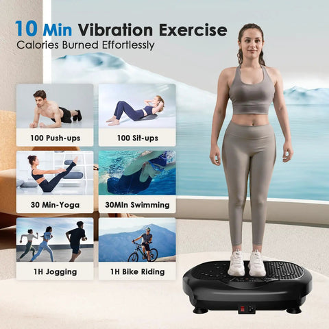 Woman standing on black vibration plate exercise machine for whole body workout and weight loss at home, with exercise options displayed
