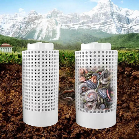 Underground Worm Compost Bin For Gardens And Home Use With 110 160 Hole Design, 2 Gallon Capacity showing worms inside bin