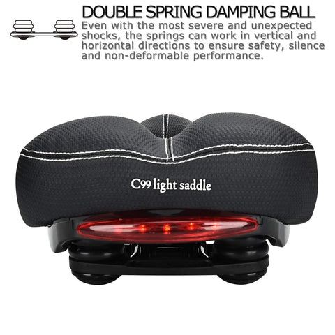 Rear view of C99 Memory Foam Bike Seat Saddle With Taillight, waterproof wide leather cushion, dual spring suspension, shock absorbing.