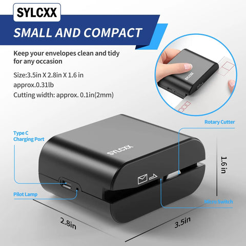 Rechargeable Electric Letter Opener With USB C Charging, Opens Envelopes Quick And Clean For Office Or Home, 1000mAh Battery Delivers About 1200 Openings, No More Battery Runs Dry, Quiet, Efficient Universal Mail Opener Tool In Sleek Black, dimensions shown with USB-C port.