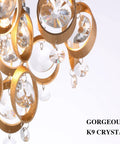 Close-up of K9 clear crystals on modern copper chandelier, part of 4 Light Modern Crystal Copper Flush Mount Chandelier Next Level 3 Tier Semi Flush Ceiling Light Fixture For Bedroom Bathroom Kitchen Hallway Dope Look With 4 G10 Bulbs.