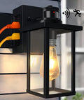 Porch Lights With GFCI Outlet, Dusk To Dawn Motion Sensor Outdoor Lighting, black wall sconce with cords, illuminated bulb, and sensor
