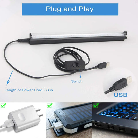 Lit 1Ft USB Powered T5 UV Blacklight Tube 10W Portable Black Light Bar with USB plug and switch, shown in use with devices.
