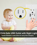 Heavy Duty 15 Amp Wall Outlet With Built In Night Light And Dual Usb Charging, child-safe design, white finish, mounted on wall.