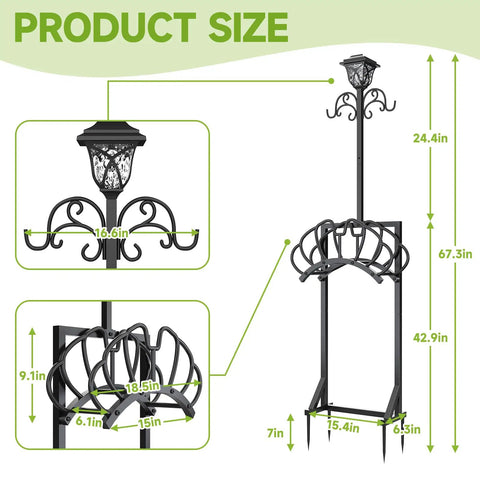3-In-1 Garden Hose Holder With Solar Light And Shepherd Hooks, dimensions and features shown in detailed diagram