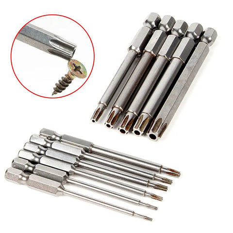 Magnetic Torx Bit Set 11 Piece T6 Through T40 with 1/4 Inch Hex Shank 3 Inch Length S2 Steel Security Tamper Proof Star Bits Handy Magnetic Driver Bits Kit for Drill and Impact Jobs, shown in various angles.