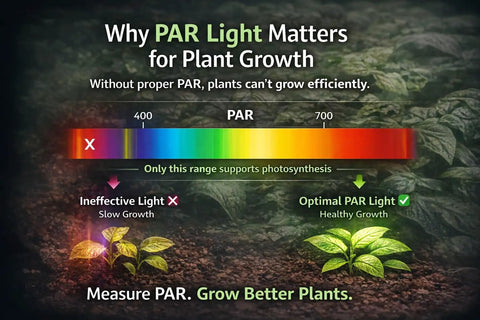 Grow Light Meter With PAR And PPFD Readings 400-700nm Light Tester For Indoor Plants Hydroponics And Greenhouses Accurate Photosynthetically Active Radiation Tool Not Waterproof infographic showing PAR range for plant growth
