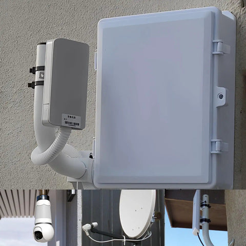 Universal Wireless Bridge Bracket Mount 2 Pack Pole And Wall Mount For Outdoor Antenna on wall with router and camera attachment.