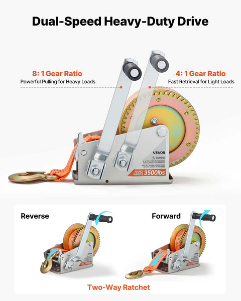 Beefy 3500 Lb Hand Boat Winch With 20 Ft Orange Strap, Two Way Ratchet, 2 Speed Switchable, Portable Manual Rope Crank, Anti Slip Handle For Boat Trailer And ATV Towing, dual-speed manual winch