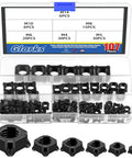 Badass Square Weld Nut Assortment 107 Pieces Covers M4 Through M14, black carbon steel nuts displayed in organizer.