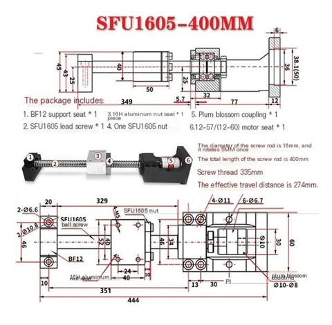 Ultra Low Backlash Ball Screw SFU1605 400mm For CNC Tools With Smooth Rolling Friction And Rock Solid Bearing Steel Build For Precise Linear Motion And Reliable Performance., technical drawing and assembly of SFU1605 400mm ball screw with BF12 nut seat
