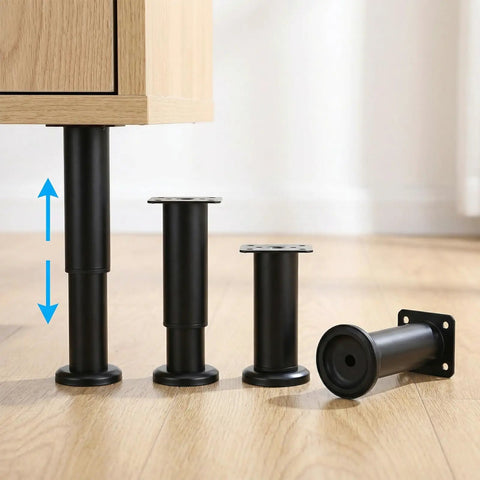Heavy Duty Adjustable Furniture Legs, Thick Metal Cabinet Feet, showing height adjustability from 4.7 to 7.4 inches in black steel.