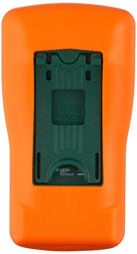 Back view of Digital Mini Multimeter With Autoranging And Eight Functions, orange protective holster, compact handheld tool.