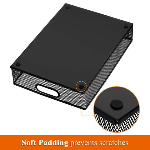 Close-up view of Two Pack Metal Mesh Desk Drawer Organizer Tray Set With Handles, showing soft padding for scratch prevention.