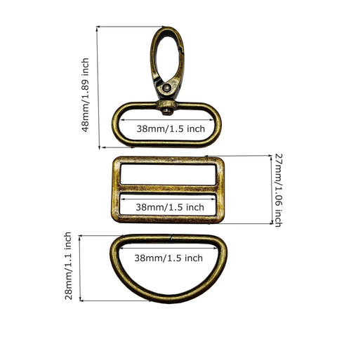 Top Shelf Swivel Snap Hooks Paired With D Rings And Easy Gliding Tri Glide Slides In Solid Antique Bronze Casting Measuring One Point Five Inches Wide.