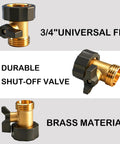 Two Pack Three Quarter Inch Brass Garden Hose Shut Off Valve With Extended Handle Heavy Duty Water Control For Easy Flow Includes Four Extra Rubber Washers For Tight Leak Free Fit. 3/4 inch brass shut-off valve with handle