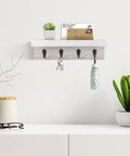 Rustic Wall Key Holder With Four Heavy Duty Hooks And A Floating Farmhouse Shelf, Wall Mounted Mail And Keys Organizer In White For Entryway And Hallway Storage