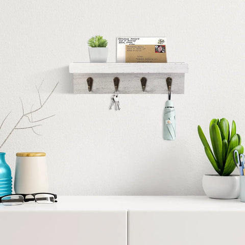 Rustic Wall Key Holder With Four Heavy Duty Hooks And A Floating Farmhouse Shelf, Wall Mounted Mail And Keys Organizer In White For Entryway And Hallway Storage