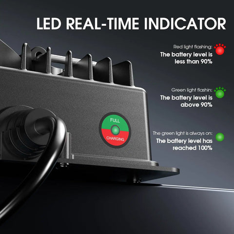 LED real-time indicators on Heavy Hitter 12V 20A LiFePO4 Battery Charger showing charging status.