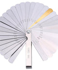 Front view of 32-blade stainless steel feeler gauge with dual metric and imperial markings.