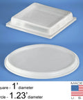 Clear Adhesive Bumpers Set Of 23 Square And Round Protective Pads For Glass Tables And Picture Frames Self Stick Made In USA Prevent Scratches And Slips On Furniture Feet And Protect Surfaces From Wear And Noise, shown with measurements and USA flag.