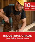 Worker using Auger Drill Bit Set For Wood With Patented 3 Cutter Head And Quad Point Tip; drilling into wood in workshop.