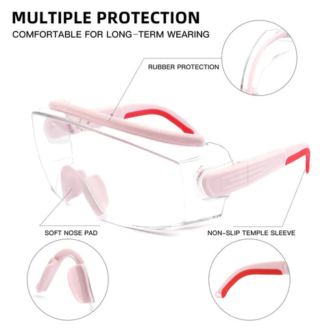 Over Glasses Anti Fog Safety Goggles For Men And Women With Adjustable Frame Pink Protective Eyewear detail shot
