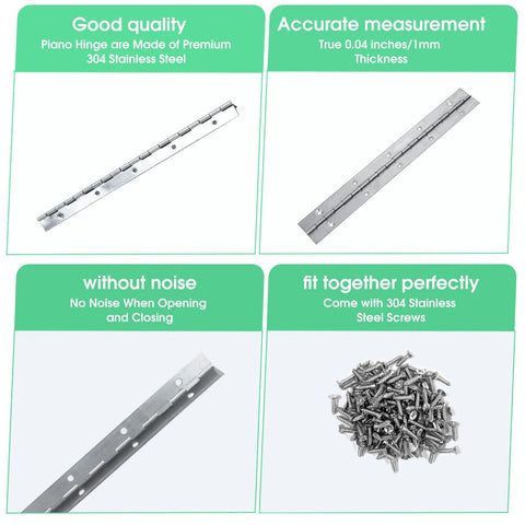 Image showcasing 2 Pack Heavy Duty 12 Inch Piano Hinges with Holes Polished 304 Stainless Steel Durable Marine Grade Hardware with screws