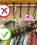 Improper and proper use of 7 Pack S Hooks With Safety Buckle For Heavy Duty Hanging On Small Diameter Rods 5 Inch Black Vinyl Coated Wire Hooks.