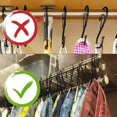 Improper and proper use of 7 Pack S Hooks With Safety Buckle For Heavy Duty Hanging On Small Diameter Rods 5 Inch Black Vinyl Coated Wire Hooks.