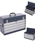 Road Ready 21 Inch Auto Locking Tool Chest, Freestanding Utility Cabinet With Ball Bearing Slides And Eva Padded Drawers, Quick Load Carry Handle For Mobile Workshop In Antique Grey, front and open view of cabinet with drawers.