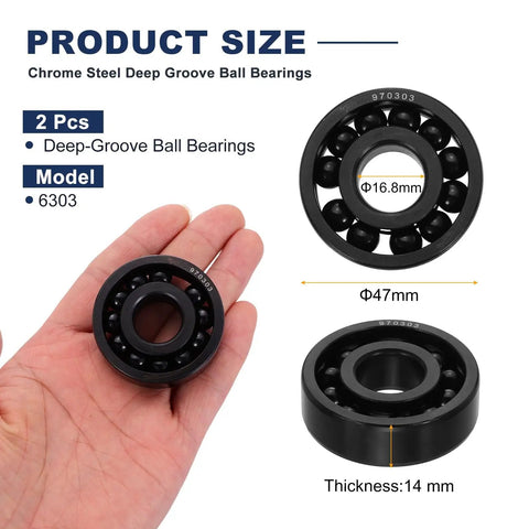 2 Pcs 6303 Deep Groove Ball Bearings Chrome Steel 16.8 By 47 By 14 mm held in hand showing detailing and size specifications.