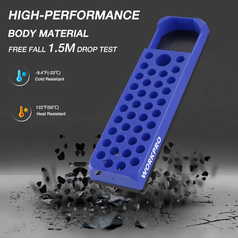 Magnetic Hex Bit Holder 39 Hole Organizer Tray with Powerful Magnetic Base in blue, 1.5m drop test shown.