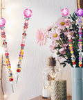 Beaded garden stake rods with pink crystal beads on metal threaded rods, 24 pcs, 400 mm long