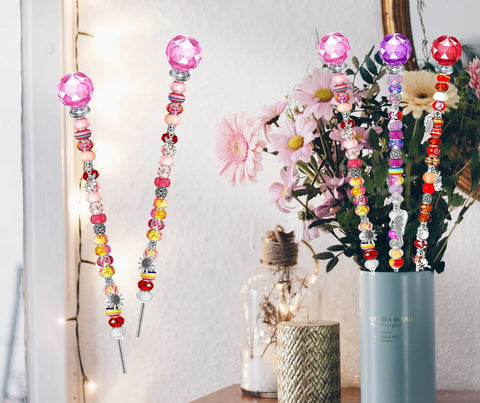 Beaded garden stake rods with pink crystal beads on metal threaded rods, 24 pcs, 400 mm long