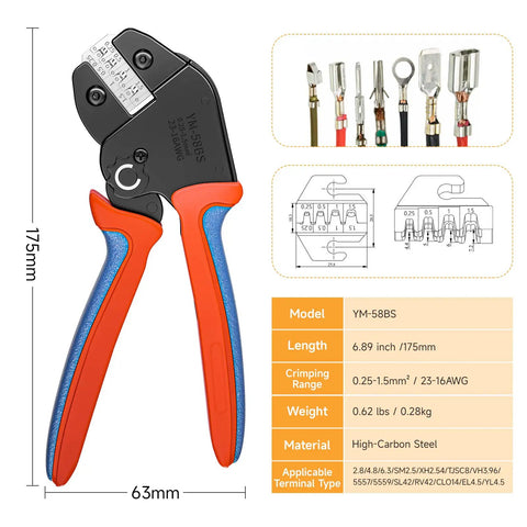 Ratcheting Crimping Tool Kit Pro Grade With Six Interchangeable Dies dimensions and specifications chart