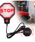 Adjustable LED Garage Parking Sensor With Dual Power Hookups And Glowing Color Coded Warning Lights Portable Car Stop Aid with STOP sign.