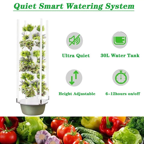 Indoor 9 Layer Hydroponic Tower Garden Kit with quiet watering system, 30L tank, height adjustable, for green vegetables and herbs.