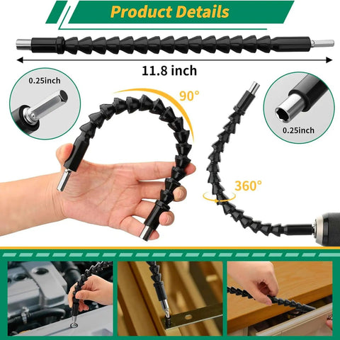 17 Piece Flexible Drill Bit Extension Kit With 105 Degree Right Angle Attachments - display of bendable shaft in use