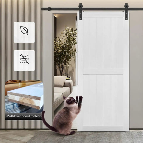 46X84 INCH HEAVY DUTY MDF SLIDING BARN DOOR WITH FULL 8FT HARDWARE KIT, WATERPROOF PVC CLADDING, built tough room divider in modern setting.