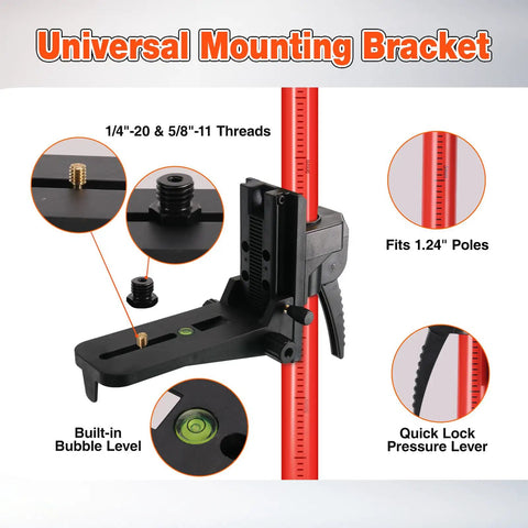 Universal Mounting Bracket with 1/4-20 and 5/8-11 threads on telescoping laser level pole workhorse with adjustable 12.7 ft reach.