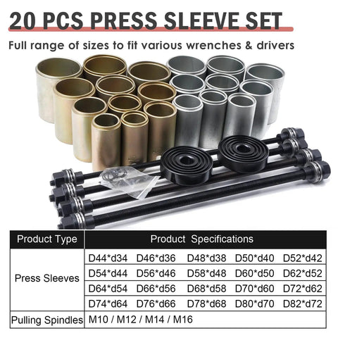 20 piece press sleeve set part of 26 Piece Universal Bushing Press And Pull Sleeve Kit For Automotive Repairs Includes Bearings And Seals Removal And Installation, Fits Inner Diameters 34 To 72 Mm And Outer Diameters 44 To 82 Mm For Easy All-In-One Pro Grade Use